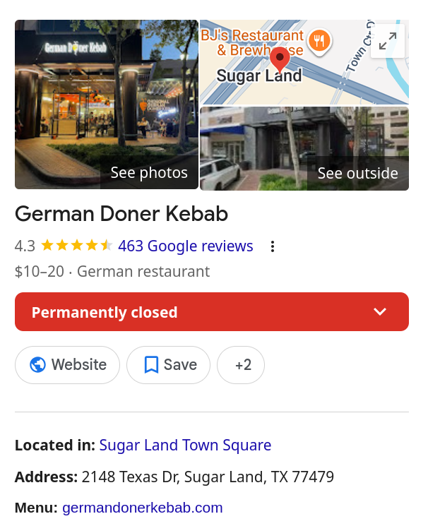 Google listing for German Doner Kebab at 2148 Texas Drive, Sugar Land, marked permanently closed