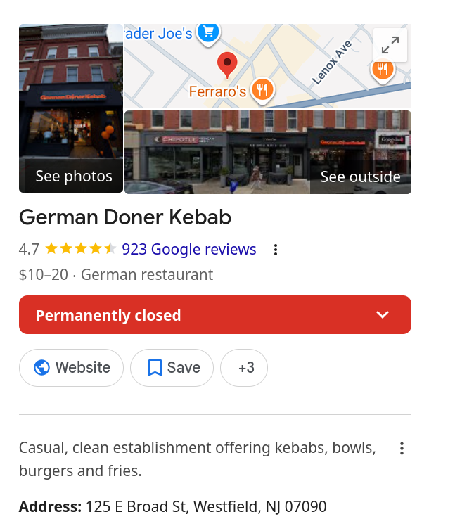 Google listing for German Doner Kebab at 125 East Broad Street, Westfield, marked permanently closed