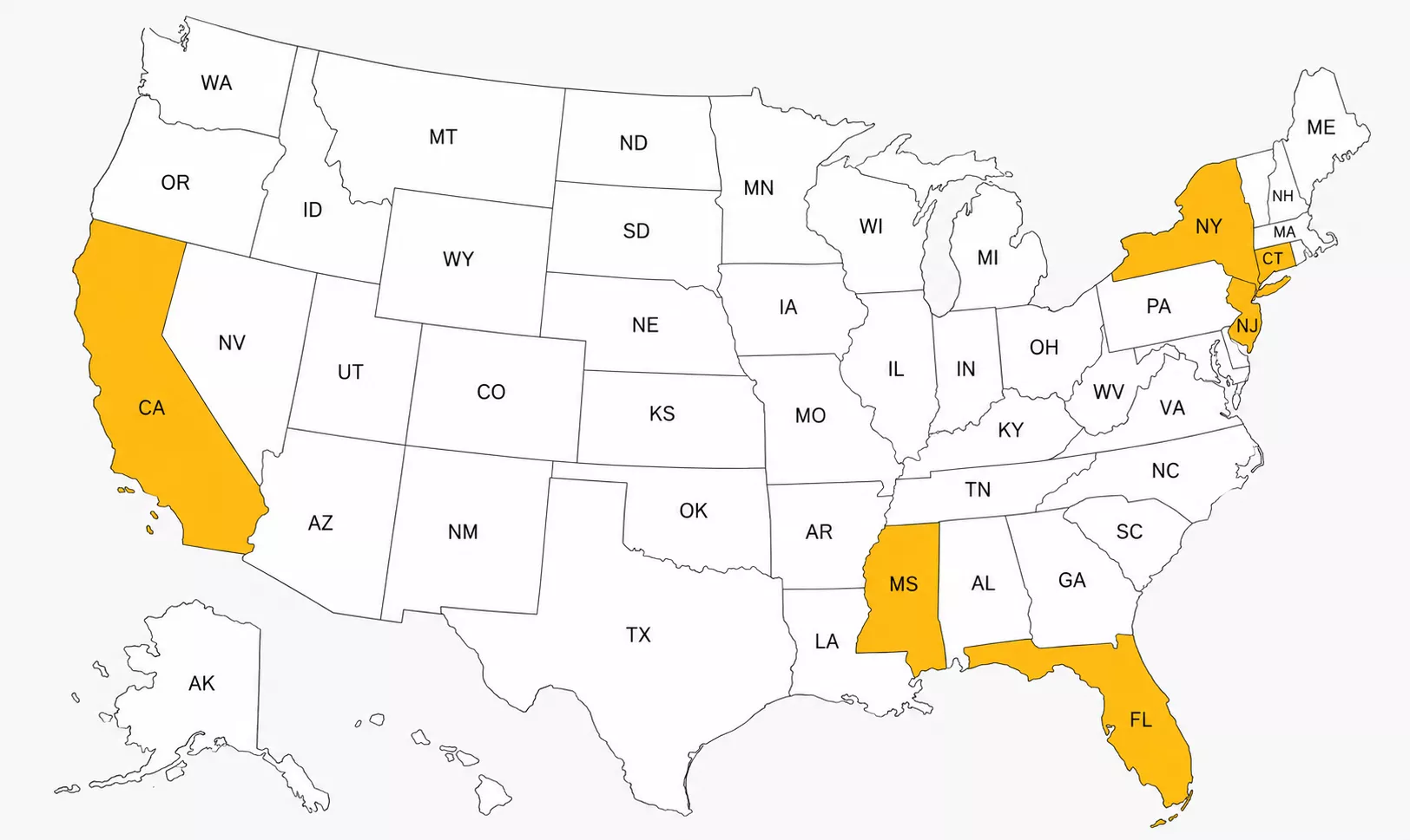US state map with California, Mississippi, Florida, New York, New Jersey and Connecticut filled gold